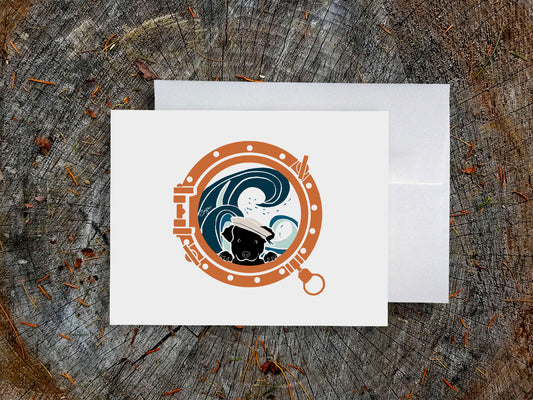 Greeting card with image of a dog looking through a porthole.
