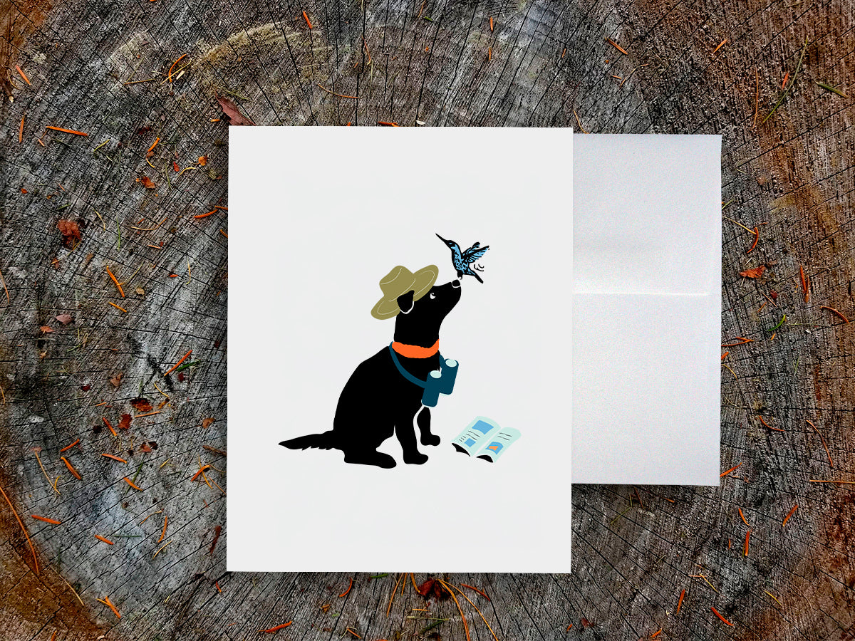 White card with drawing of a dog with binoculars and a hummingbird on a wooden surface.