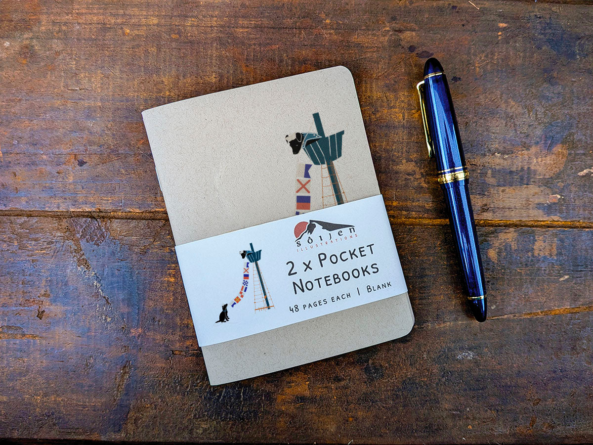 Two pocket notebooks with a pen on a wooden surface