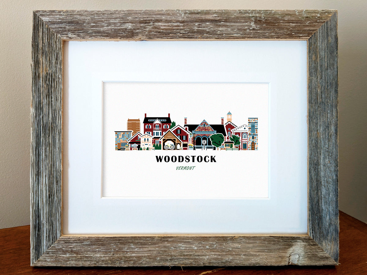 Framed print of Woodstock, Vermont with a rustic wooden frame.