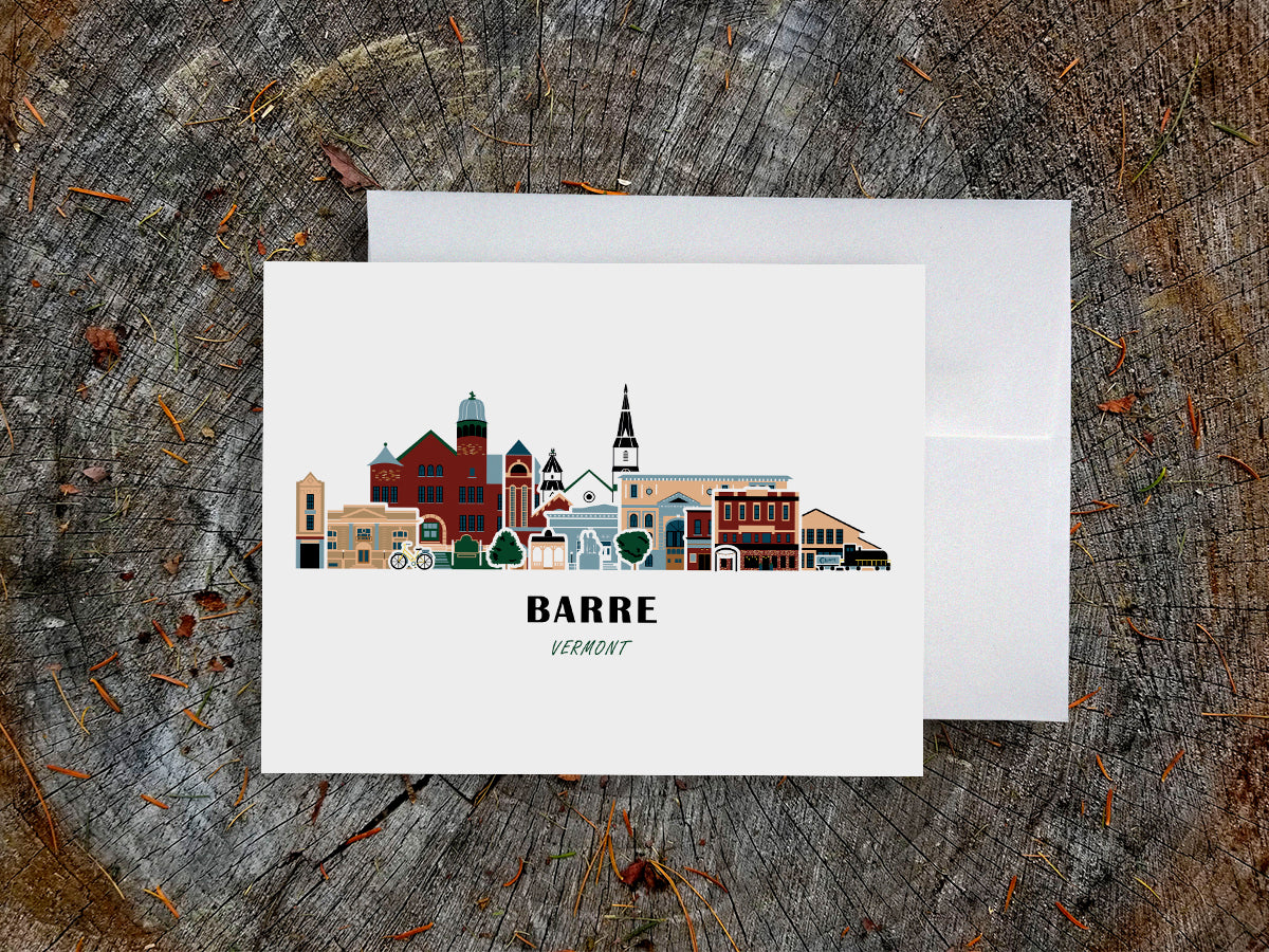 Greeting card with image of buildings arranged in a city skyline with the text Barre Vermont 