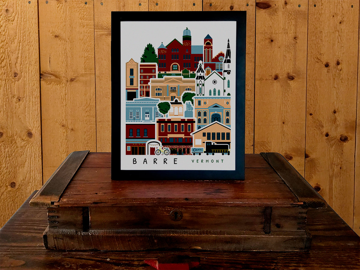 Framed vertical poster with buildings and landmarks in a stacked arrangement with the text Barre Vermont.