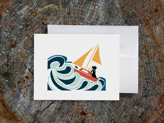 Greeting card with image of a dog in a sailboat