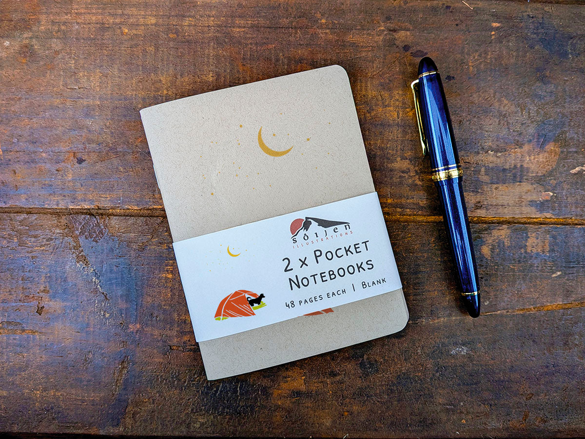 Two pocket notebooks with a pen on a wooden surface