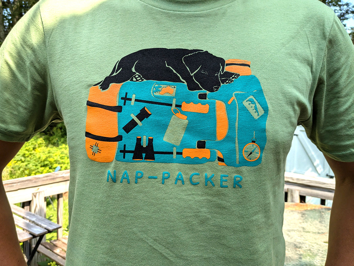 Nap-Packer Graphic Tee | 100% Organic Cotton T-shirt | Backpacking Adventure Dog