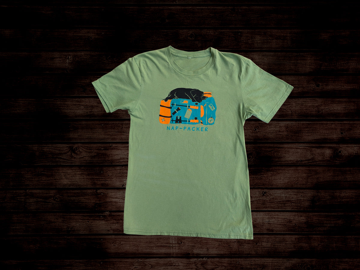 Nap-Packer Graphic Tee | 100% Organic Cotton T-shirt | Backpacking Adventure Dog