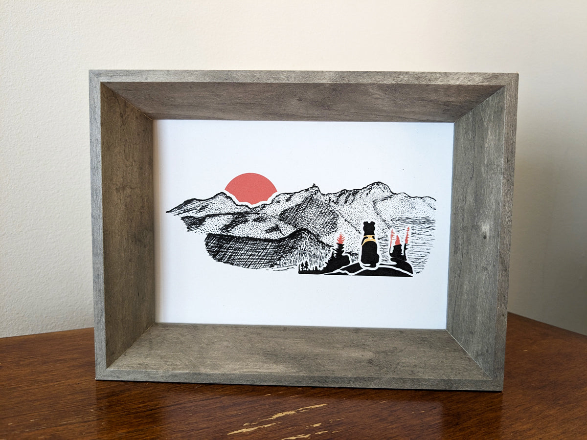 Montañas - Sunset Hiking Dog Art Print