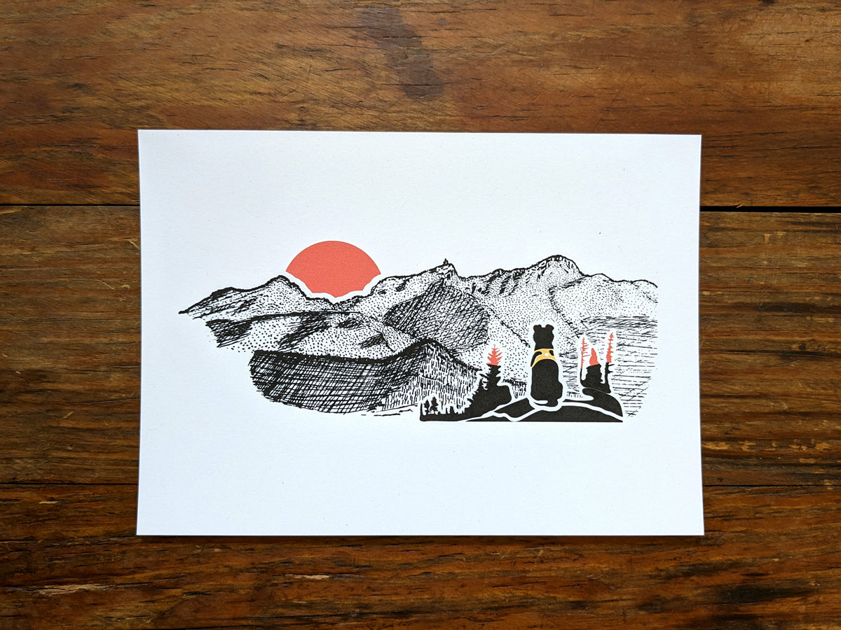 Montañas - Sunset Hiking Dog Art Print